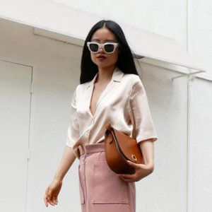 Orseund Iris Le Funk Button Up Cropped Top Beige Short Sleeve Silk